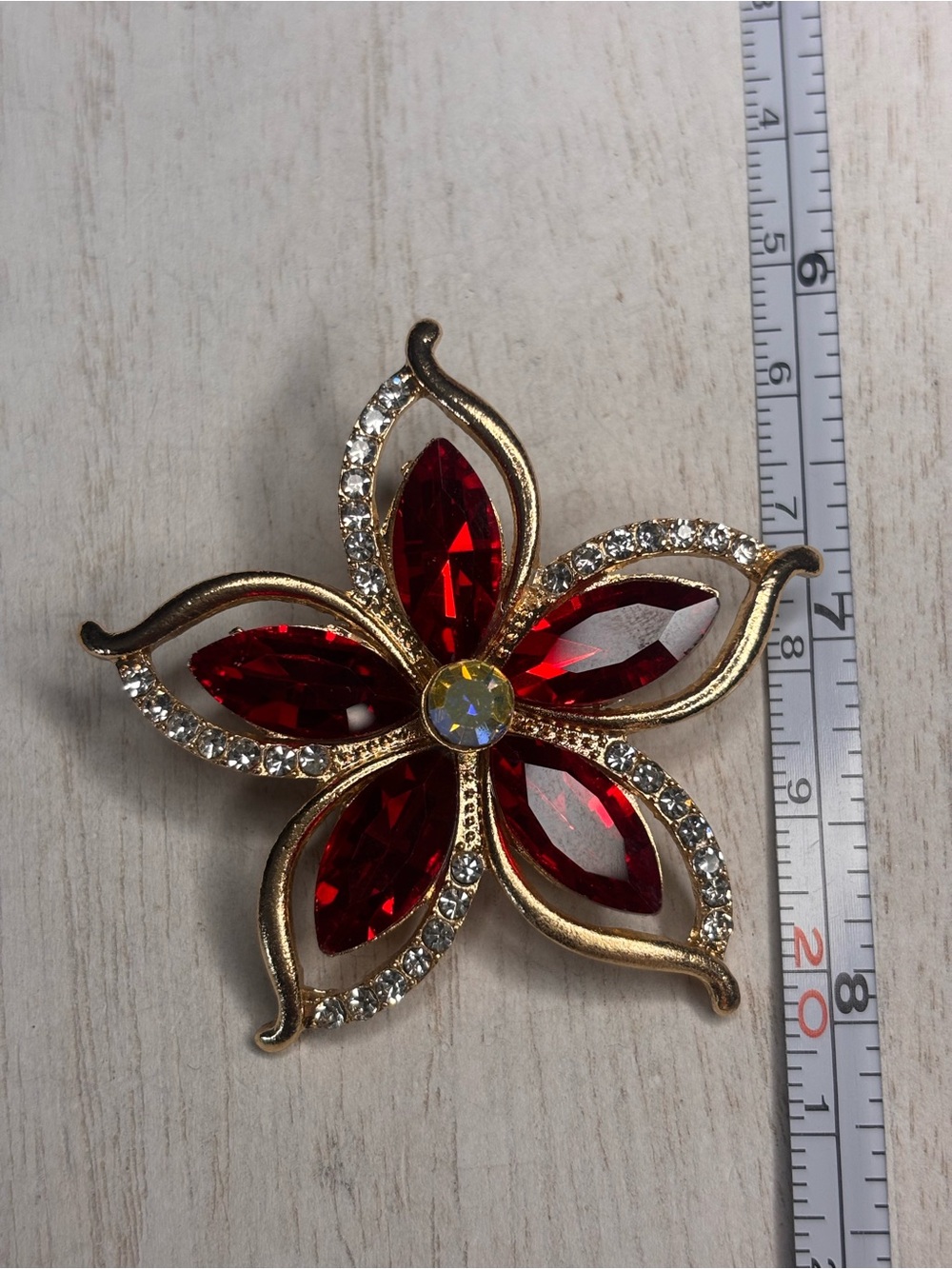 Gold Tone Red Crystal Flower Brooch | Rhinestone Statement Pin - Picture 2 of 3